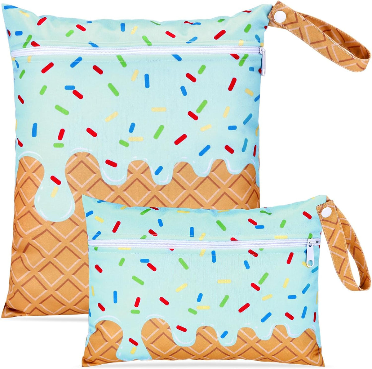 2 Pack Wet Dry Bags Ice Cream Waterproof Pouch Large & Small Makeup Bag Baby Wet Bags Zipper Pouch for Baby Women Diapers Cloth(Green)