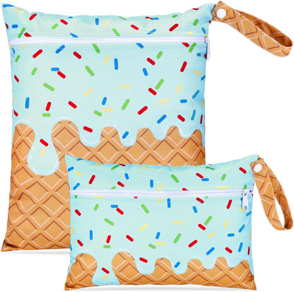 2 Pack Wet Dry Bags Ice Cream Waterproof Pouch Large & Small Makeup Bag Baby Wet Bags Zipper Pouch for Baby Women Diapers Cloth(Green)