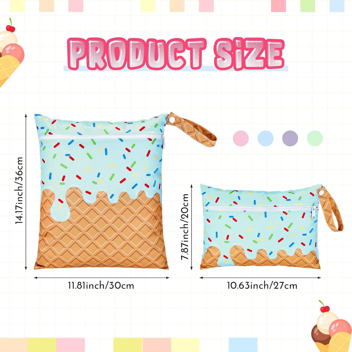 2 Pack Wet Dry Bags Ice Cream Waterproof Pouch Large & Small Makeup Bag Baby Wet Bags Zipper Pouch for Baby Women Diapers Cloth(Green)
