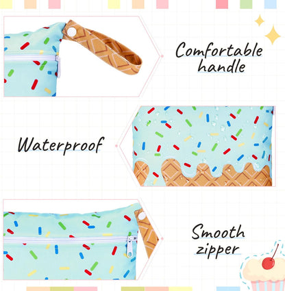 2 Pack Wet Dry Bags Ice Cream Waterproof Pouch Large & Small Makeup Bag Baby Wet Bags Zipper Pouch for Baby Women Diapers Cloth(Green)
