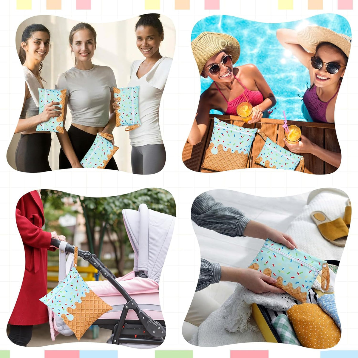 2 Pack Wet Dry Bags Ice Cream Waterproof Pouch Large & Small Makeup Bag Baby Wet Bags Zipper Pouch for Baby Women Diapers Cloth(Green)