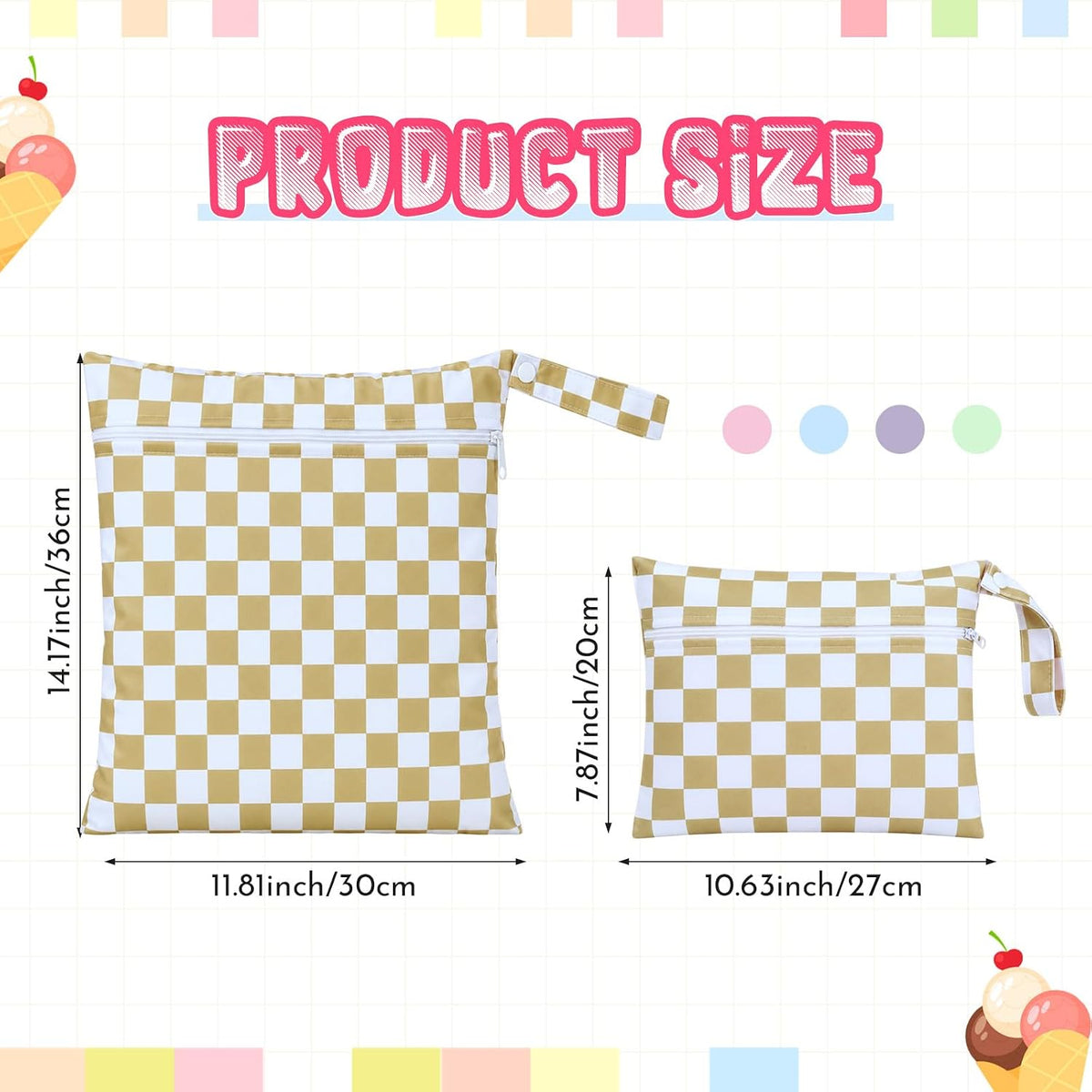 2 Pack Wet Dry Bags Ice Cream Waterproof Pouch Large & Small Makeup Bag Baby Wet Bags Zipper Pouch for Baby Women Diapers Cloth(Green)