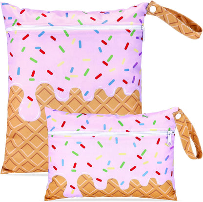 2 Pack Wet Dry Bags Ice Cream Waterproof Pouch Large & Small Makeup Bag Baby Wet Bags Zipper Pouch for Baby Women Diapers Cloth(Green)