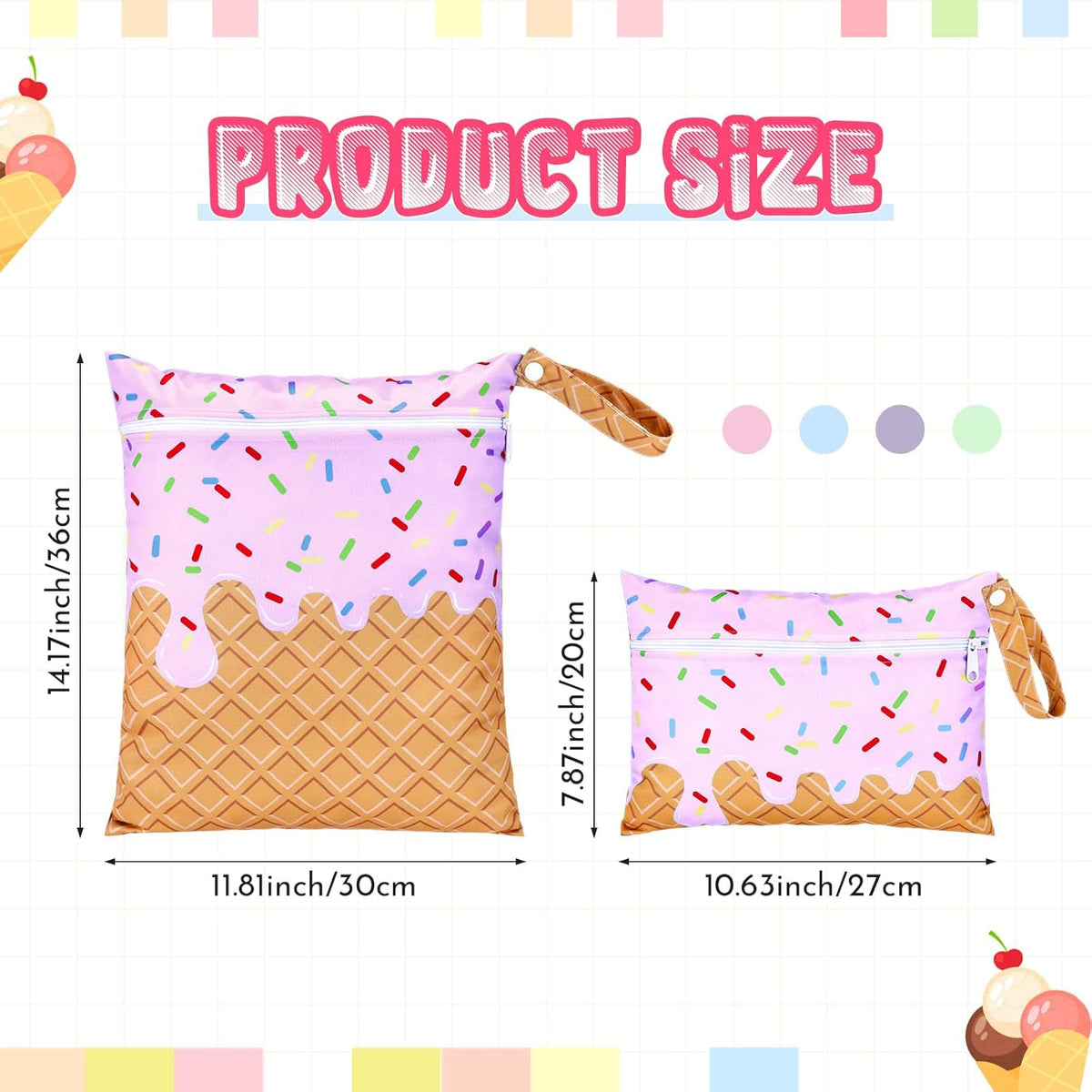 2 Pack Wet Dry Bags Ice Cream Waterproof Pouch Large & Small Makeup Bag Baby Wet Bags Zipper Pouch for Baby Women Diapers Cloth(Green)