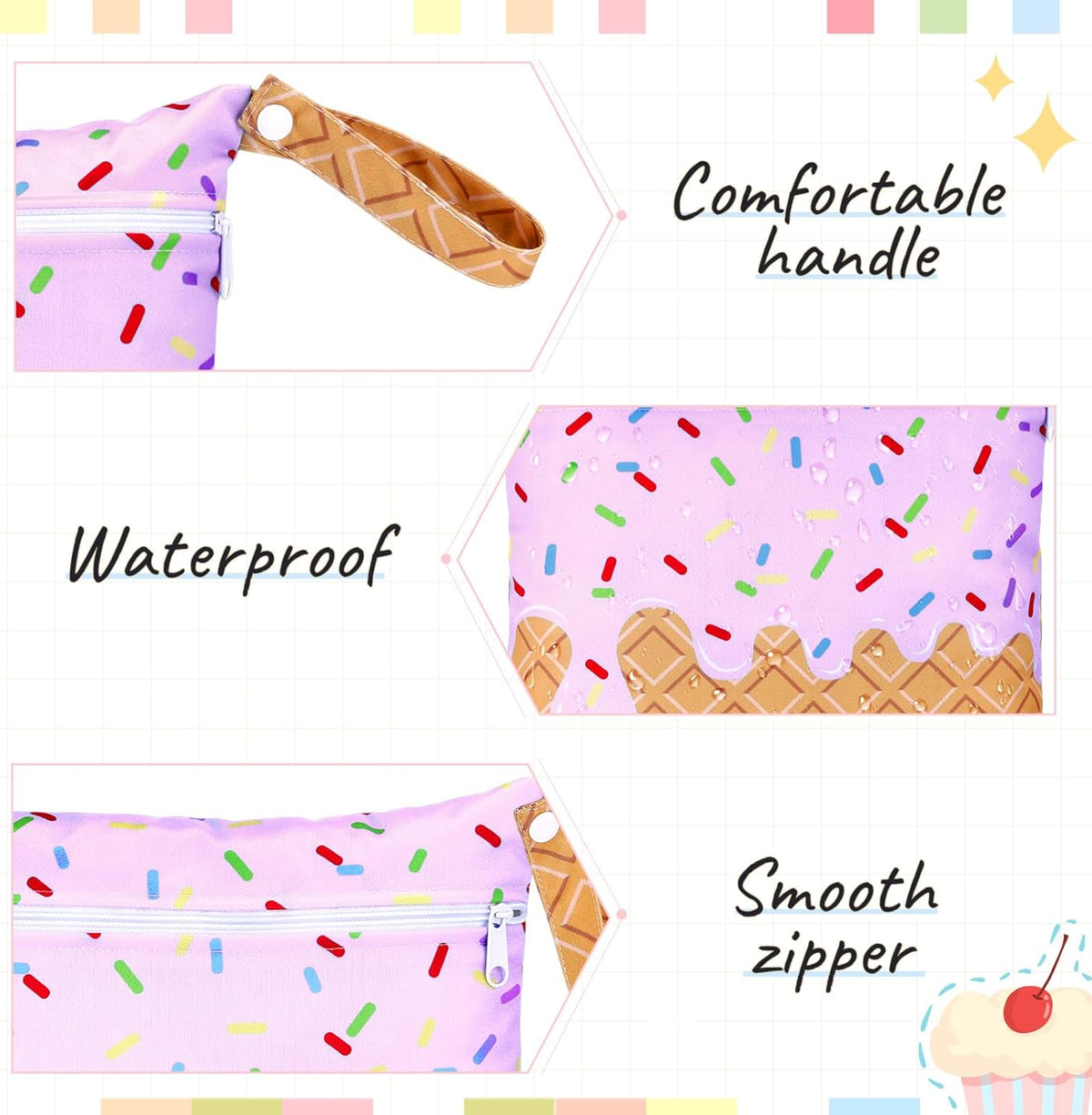 2 Pack Wet Dry Bags Ice Cream Waterproof Pouch Large & Small Makeup Bag Baby Wet Bags Zipper Pouch for Baby Women Diapers Cloth(Green)