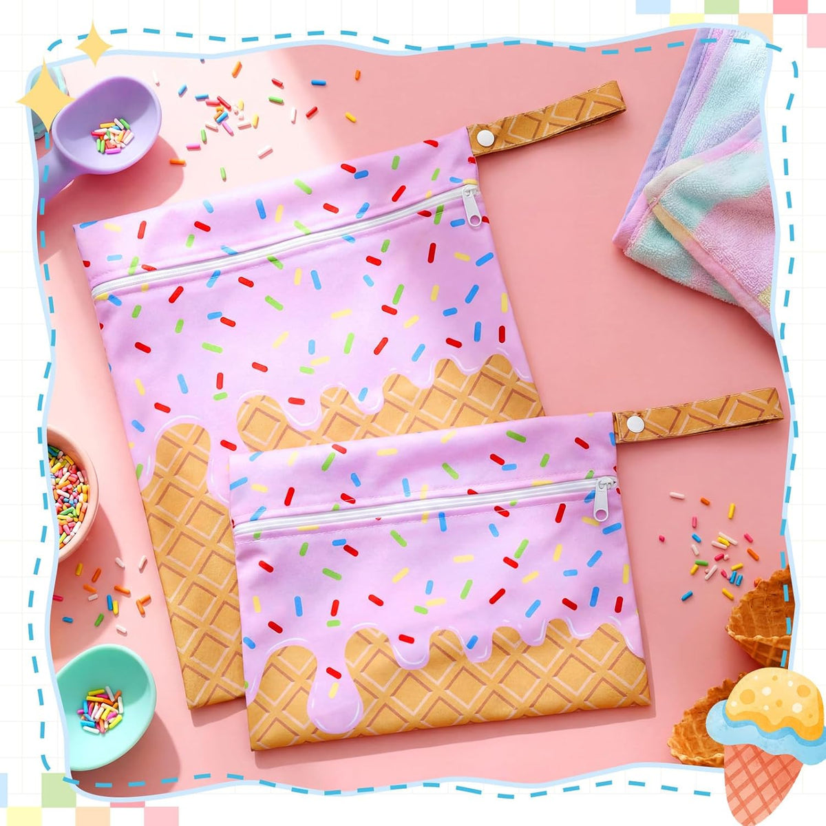 2 Pack Wet Dry Bags Ice Cream Waterproof Pouch Large & Small Makeup Bag Baby Wet Bags Zipper Pouch for Baby Women Diapers Cloth(Green)