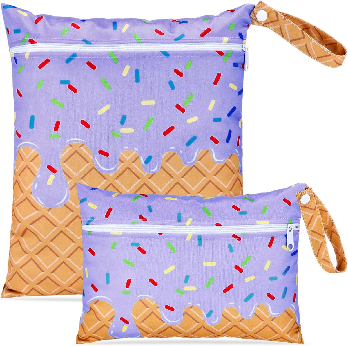2 Pack Wet Dry Bags Ice Cream Waterproof Pouch Large & Small Makeup Bag Baby Wet Bags Zipper Pouch for Baby Women Diapers Cloth(Green)