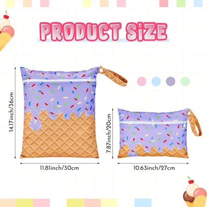 2 Pack Wet Dry Bags Ice Cream Waterproof Pouch Large & Small Makeup Bag Baby Wet Bags Zipper Pouch for Baby Women Diapers Cloth(Green)