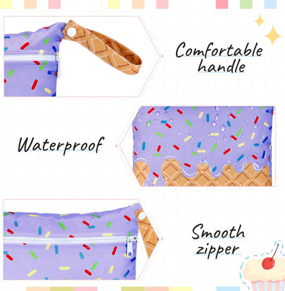 2 Pack Wet Dry Bags Ice Cream Waterproof Pouch Large & Small Makeup Bag Baby Wet Bags Zipper Pouch for Baby Women Diapers Cloth(Green)