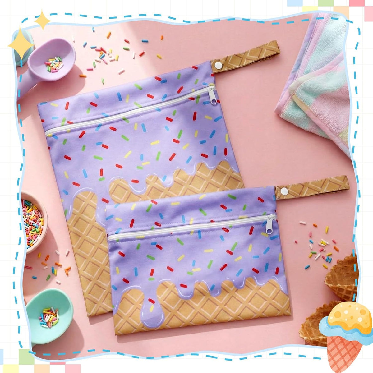 2 Pack Wet Dry Bags Ice Cream Waterproof Pouch Large & Small Makeup Bag Baby Wet Bags Zipper Pouch for Baby Women Diapers Cloth(Green)