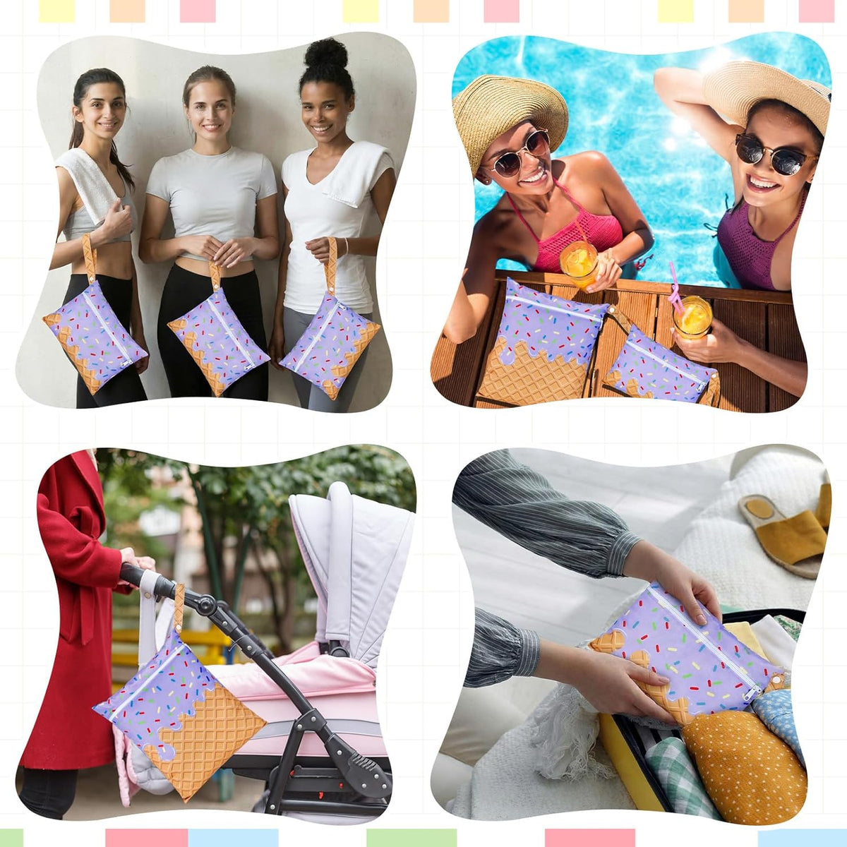 2 Pack Wet Dry Bags Ice Cream Waterproof Pouch Large & Small Makeup Bag Baby Wet Bags Zipper Pouch for Baby Women Diapers Cloth(Green)