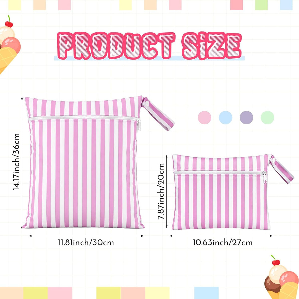 2 Pack Wet Dry Bags Ice Cream Waterproof Pouch Large & Small Makeup Bag Baby Wet Bags Zipper Pouch for Baby Women Diapers Cloth(Green)