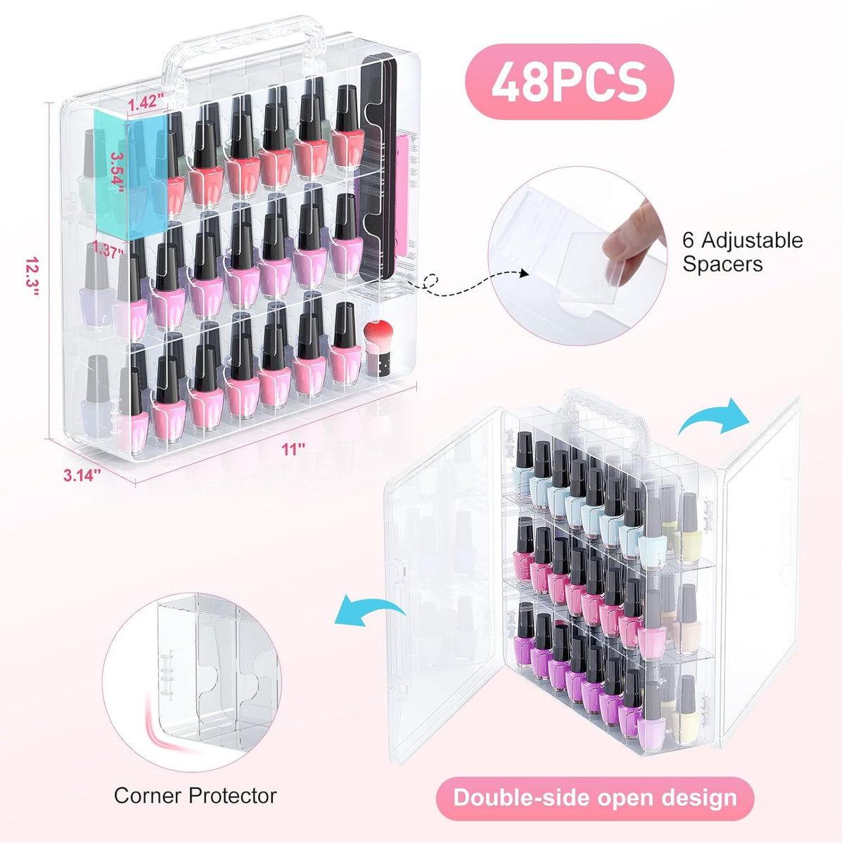 2pcs Nail Polish Organizer, Portable 48 Bottles Clear Nail Polish Holder with Adjustable Divider, Gel Nail Polish Storage Double Side Nail Polish Organizer Case for Nail Tech Grey