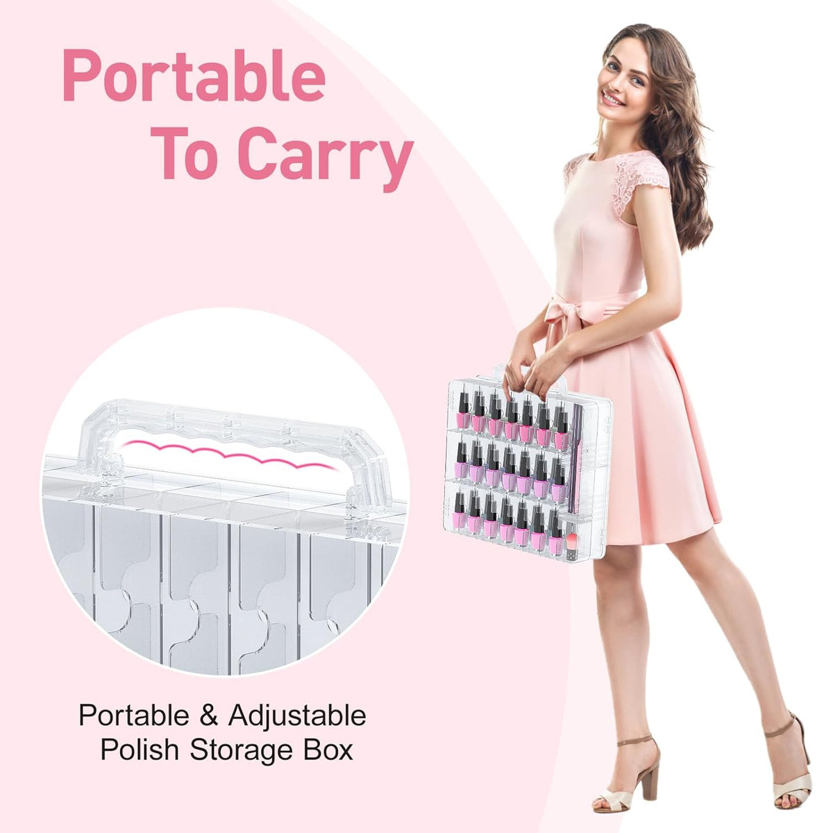 2pcs Nail Polish Organizer, Portable 48 Bottles Clear Nail Polish Holder with Adjustable Divider, Gel Nail Polish Storage Double Side Nail Polish Organizer Case for Nail Tech Grey