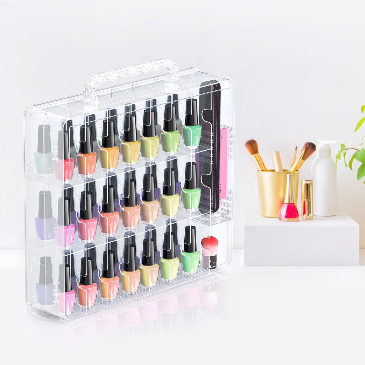 2pcs Nail Polish Organizer, Portable 48 Bottles Clear Nail Polish Holder with Adjustable Divider, Gel Nail Polish Storage Double Side Nail Polish Organizer Case for Nail Tech Grey