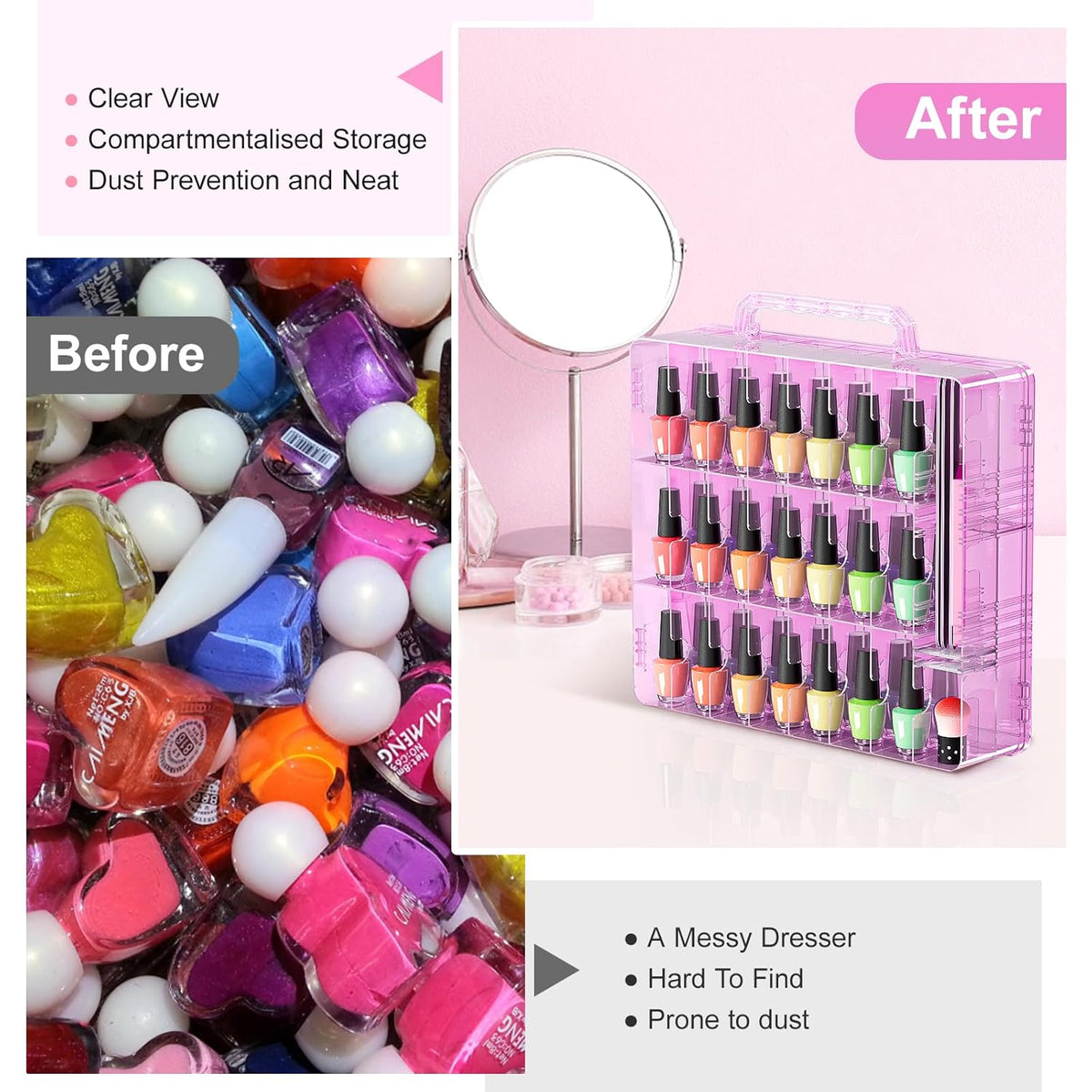 2pcs Nail Polish Organizer, Portable 48 Bottles Clear Nail Polish Holder with Adjustable Divider, Gel Nail Polish Storage Double Side Nail Polish Organizer Case for Nail Tech Grey