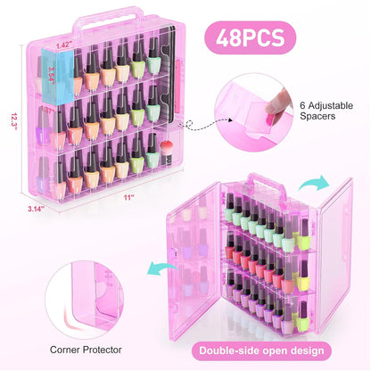 2pcs Nail Polish Organizer, Portable 48 Bottles Clear Nail Polish Holder with Adjustable Divider, Gel Nail Polish Storage Double Side Nail Polish Organizer Case for Nail Tech Grey