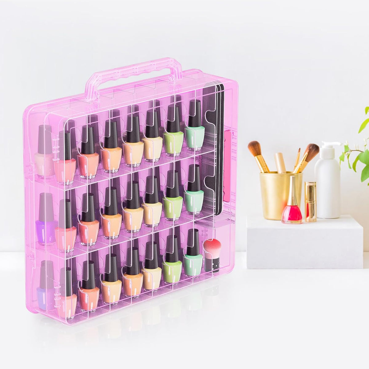 2pcs Nail Polish Organizer, Portable 48 Bottles Clear Nail Polish Holder with Adjustable Divider, Gel Nail Polish Storage Double Side Nail Polish Organizer Case for Nail Tech Grey