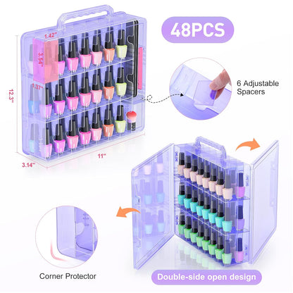 2pcs Nail Polish Organizer, Portable 48 Bottles Clear Nail Polish Holder with Adjustable Divider, Gel Nail Polish Storage Double Side Nail Polish Organizer Case for Nail Tech Grey