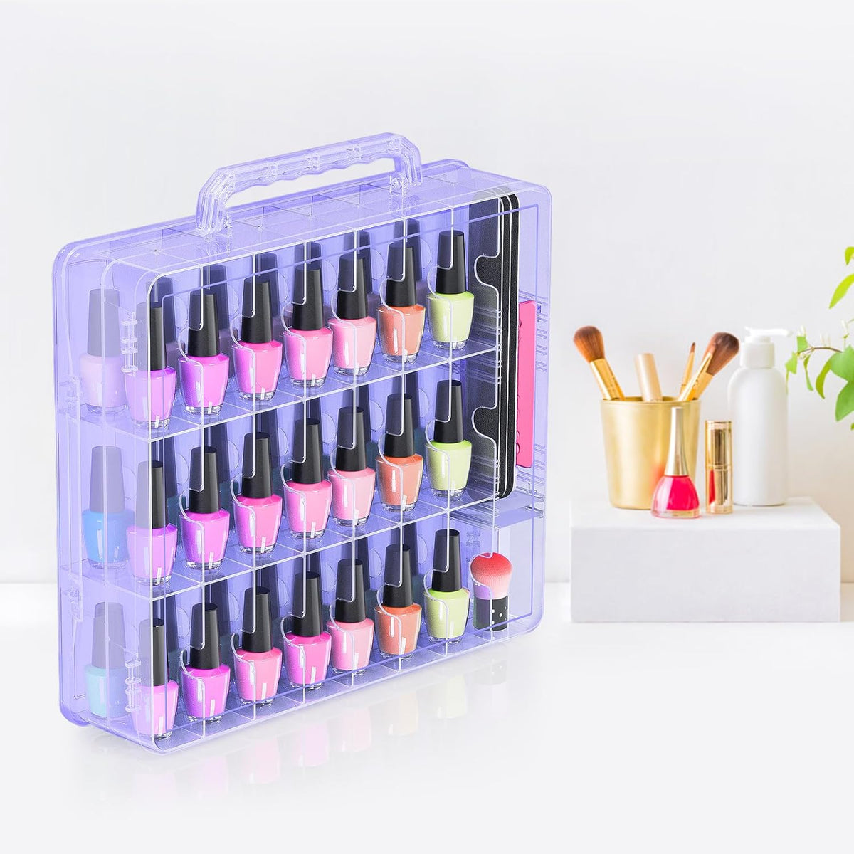 2pcs Nail Polish Organizer, Portable 48 Bottles Clear Nail Polish Holder with Adjustable Divider, Gel Nail Polish Storage Double Side Nail Polish Organizer Case for Nail Tech Grey
