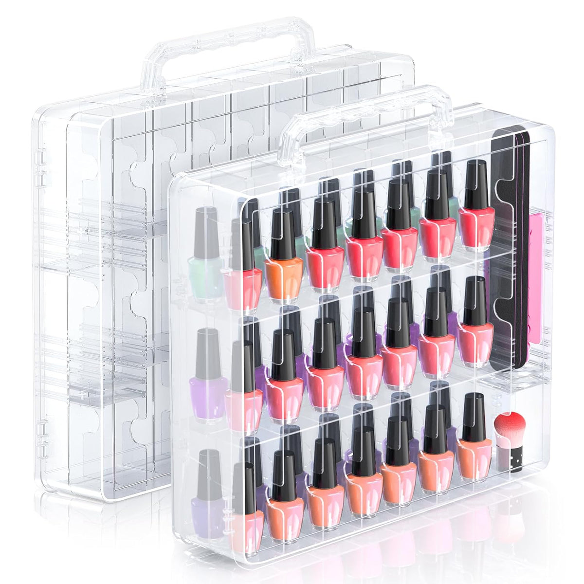 2pcs Nail Polish Organizer, Portable 48 Bottles Clear Nail Polish Holder with Adjustable Divider, Gel Nail Polish Storage Double Side Nail Polish Organizer Case for Nail Tech Grey