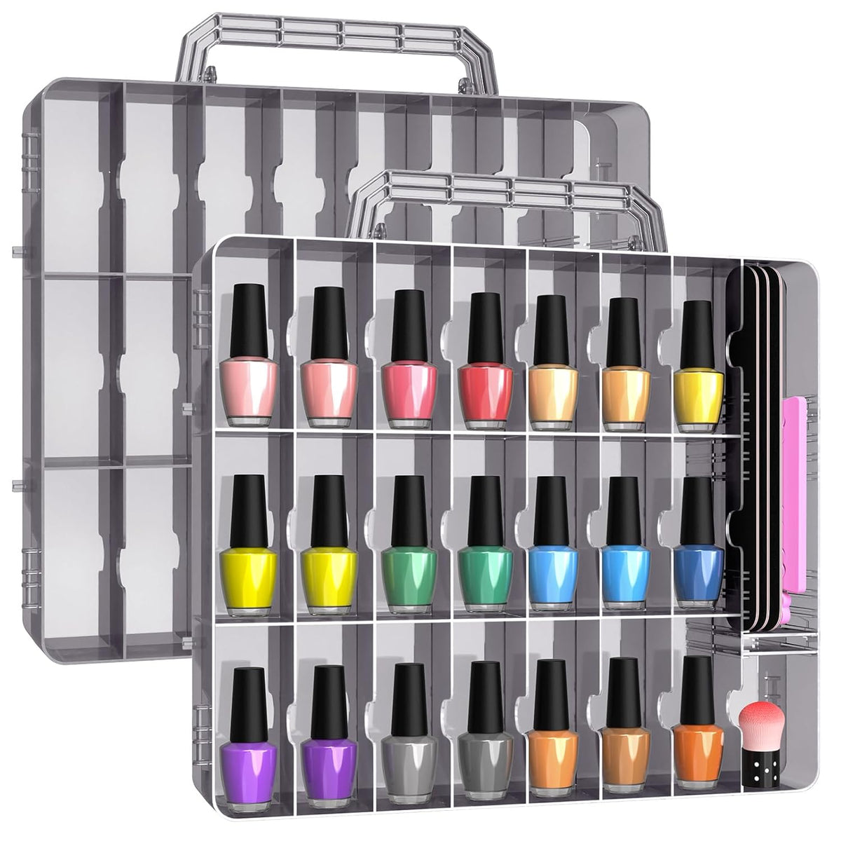 2pcs Nail Polish Organizer, Portable 48 Bottles Clear Nail Polish Holder with Adjustable Divider, Gel Nail Polish Storage Double Side Nail Polish Organizer Case for Nail Tech Grey