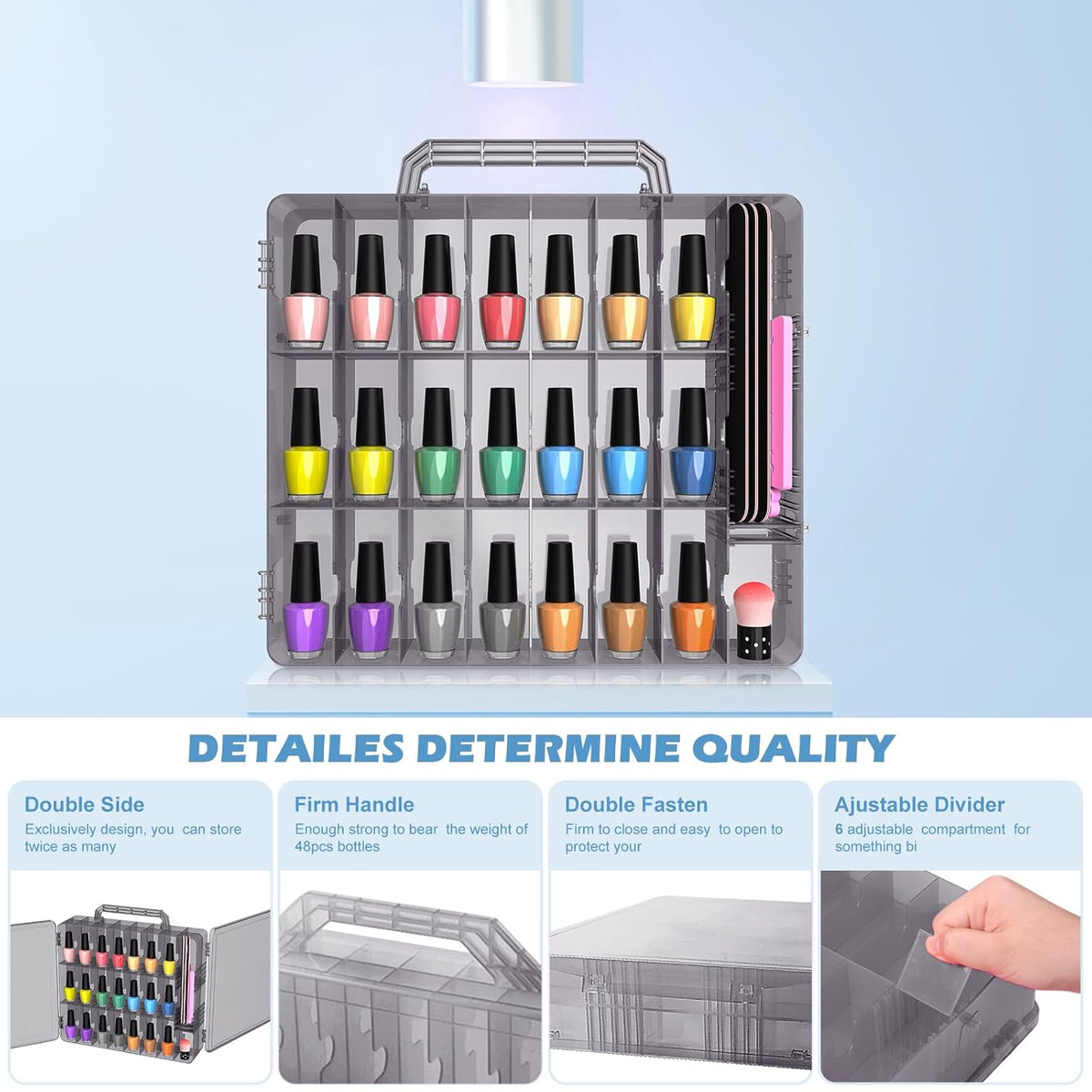 2pcs Nail Polish Organizer, Portable 48 Bottles Clear Nail Polish Holder with Adjustable Divider, Gel Nail Polish Storage Double Side Nail Polish Organizer Case for Nail Tech Grey