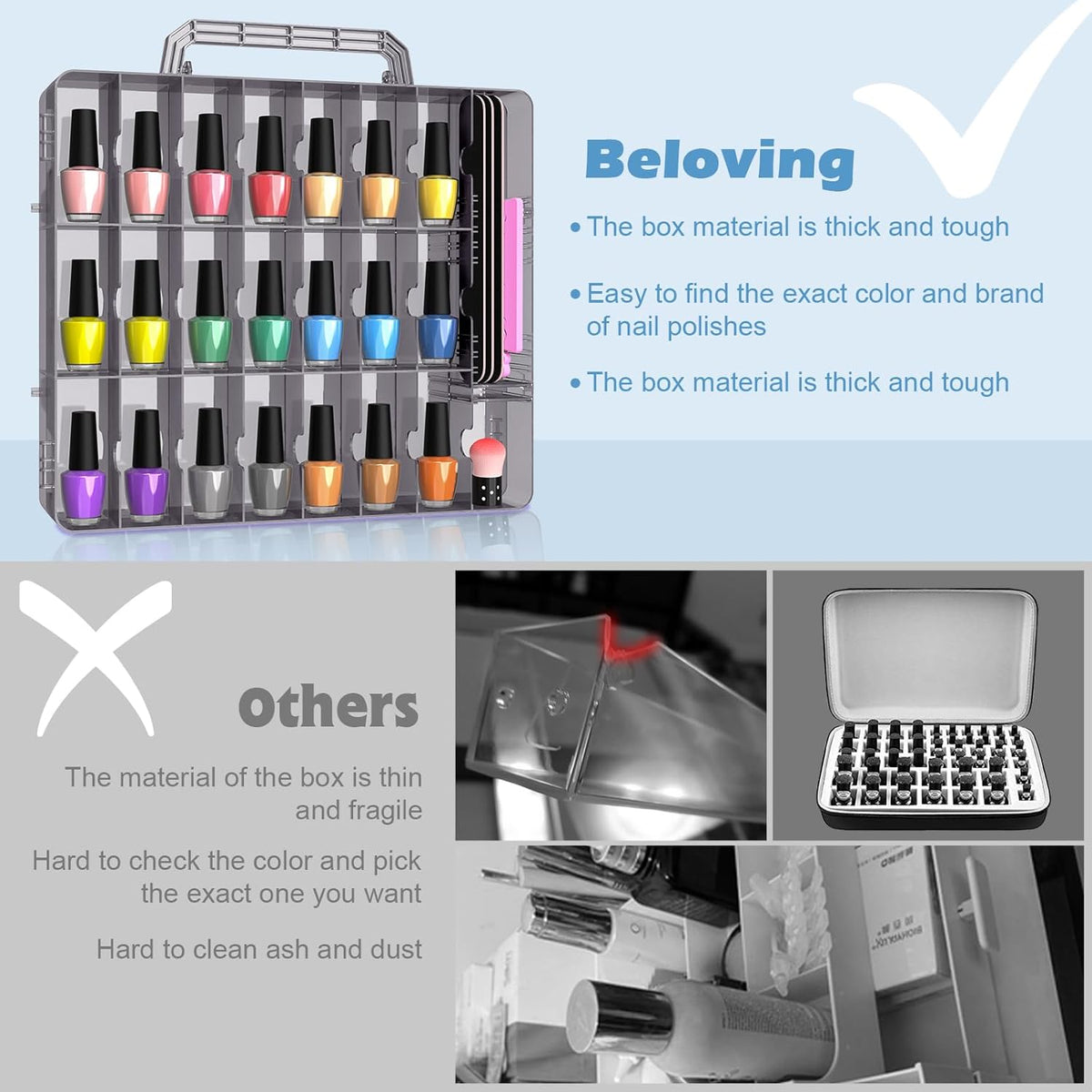 2pcs Nail Polish Organizer, Portable 48 Bottles Clear Nail Polish Holder with Adjustable Divider, Gel Nail Polish Storage Double Side Nail Polish Organizer Case for Nail Tech Grey