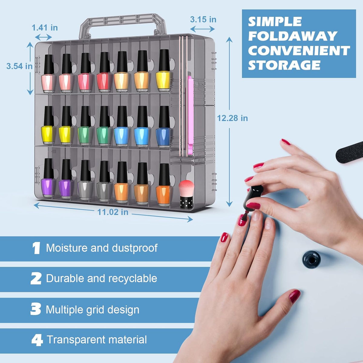2pcs Nail Polish Organizer, Portable 48 Bottles Clear Nail Polish Holder with Adjustable Divider, Gel Nail Polish Storage Double Side Nail Polish Organizer Case for Nail Tech Grey