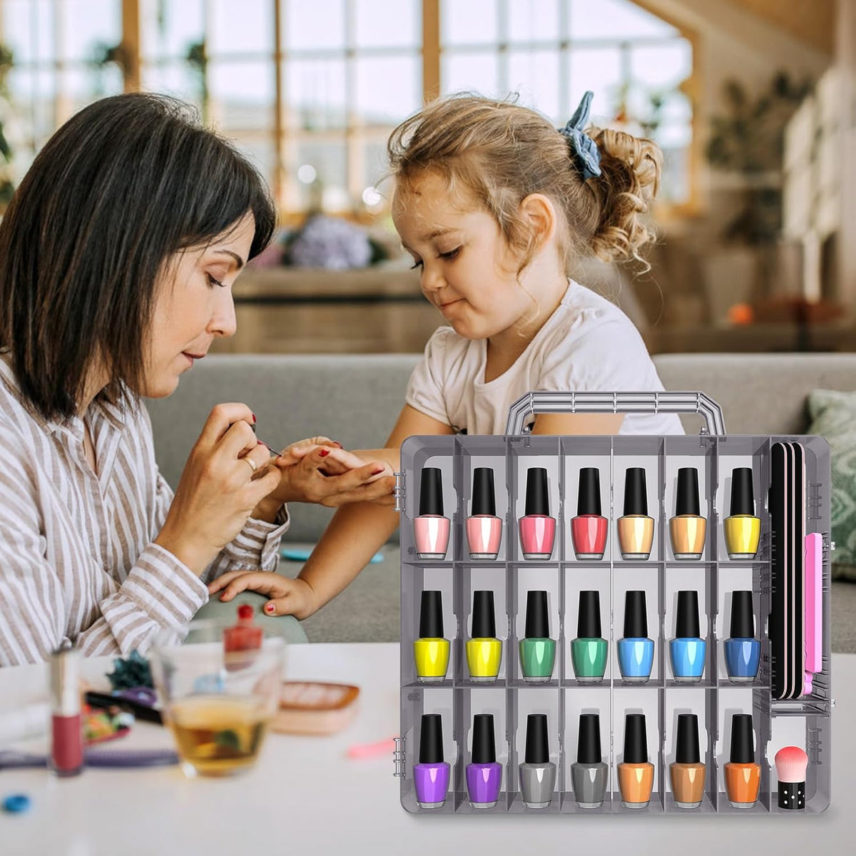 2pcs Nail Polish Organizer, Portable 48 Bottles Clear Nail Polish Holder with Adjustable Divider, Gel Nail Polish Storage Double Side Nail Polish Organizer Case for Nail Tech Grey