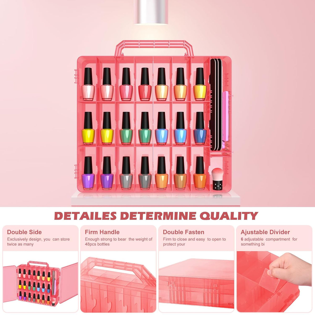 2pcs Nail Polish Organizer, Portable 48 Bottles Clear Nail Polish Holder with Adjustable Divider, Gel Nail Polish Storage Double Side Nail Polish Organizer Case for Nail Tech Grey
