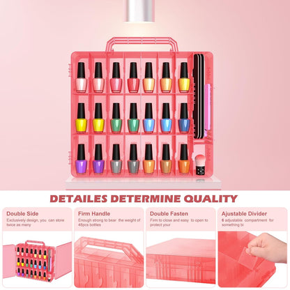 2pcs Nail Polish Organizer, Portable 48 Bottles Clear Nail Polish Holder with Adjustable Divider, Gel Nail Polish Storage Double Side Nail Polish Organizer Case for Nail Tech Grey