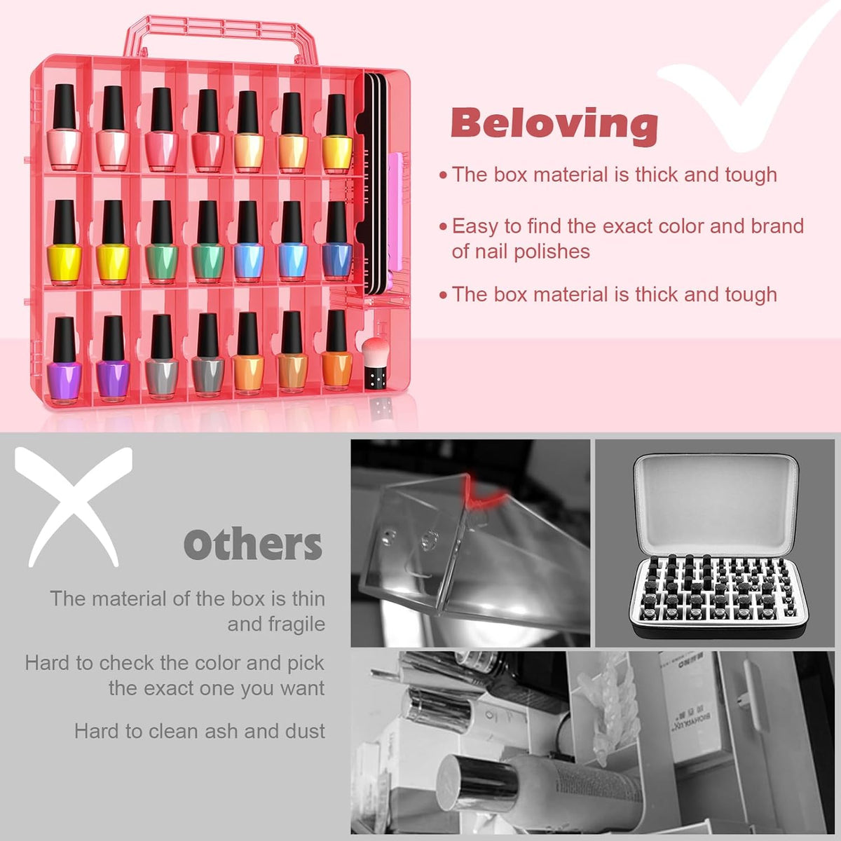 2pcs Nail Polish Organizer, Portable 48 Bottles Clear Nail Polish Holder with Adjustable Divider, Gel Nail Polish Storage Double Side Nail Polish Organizer Case for Nail Tech Grey