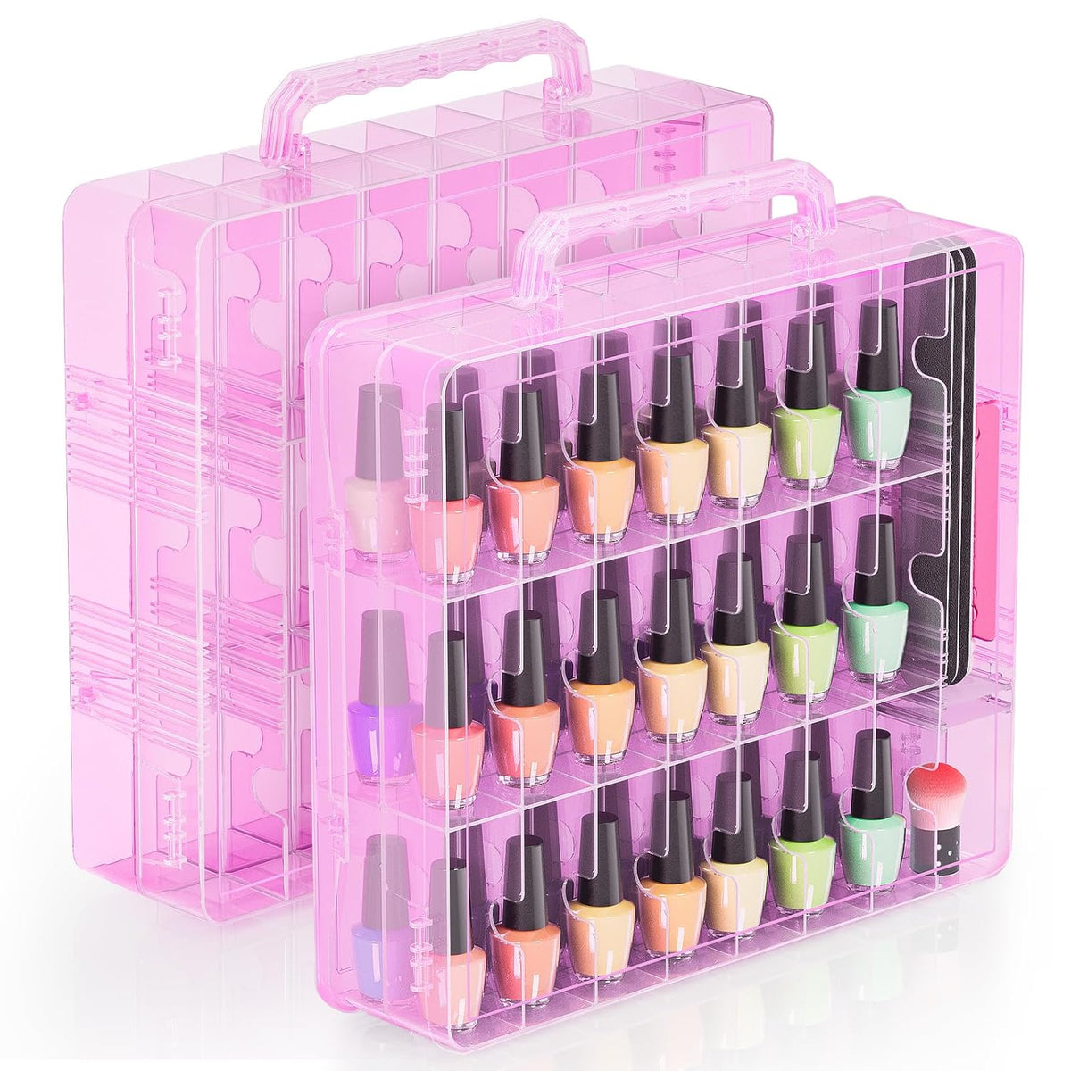 2pcs Nail Polish Organizer, Portable 48 Bottles Clear Nail Polish Holder with Adjustable Divider, Gel Nail Polish Storage Double Side Nail Polish Organizer Case for Nail Tech Grey