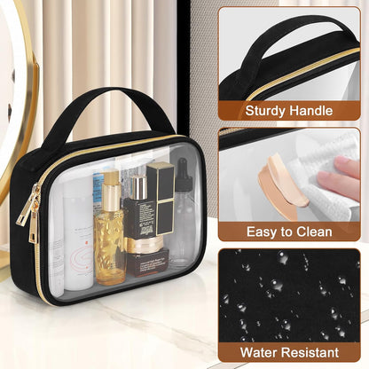 TSA Approved Toiletry Bag, Clear Makeup Bags with Handles, Quart Size Clear Toiletry Bags, PVC Cosmetic Bags for Women and Men, Carry on Airport Airline Compliant Bag, Black