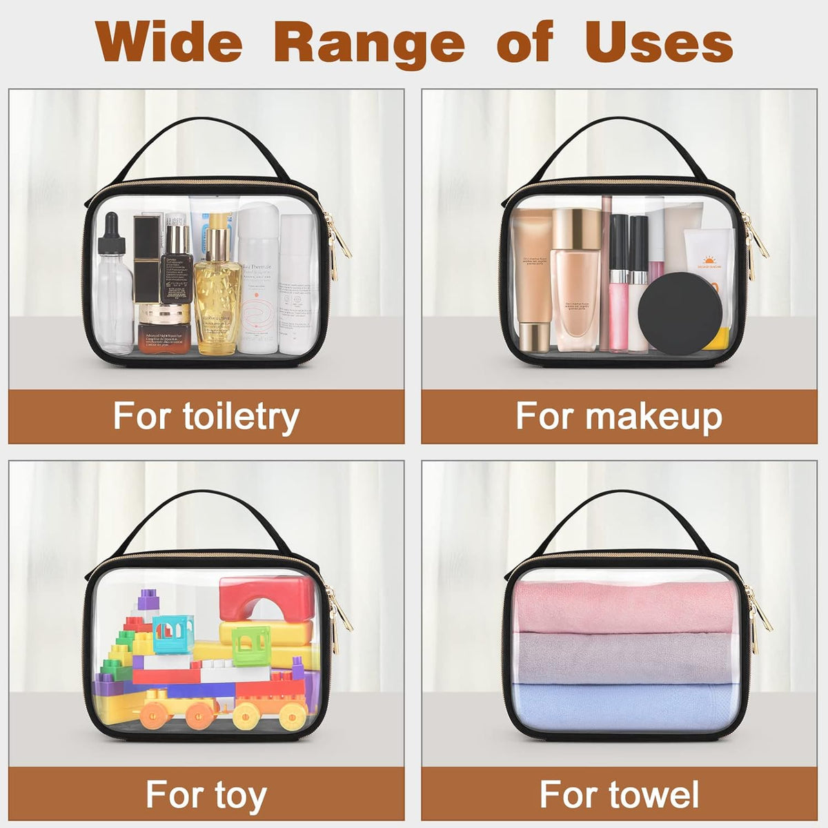 TSA Approved Toiletry Bag, Clear Makeup Bags with Handles, Quart Size Clear Toiletry Bags, PVC Cosmetic Bags for Women and Men, Carry on Airport Airline Compliant Bag, Black