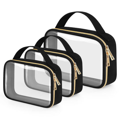 TSA Approved Toiletry Bag, Clear Makeup Bags with Handles, Quart Size Clear Toiletry Bags, PVC Cosmetic Bags for Women and Men, Carry on Airport Airline Compliant Bag, Black