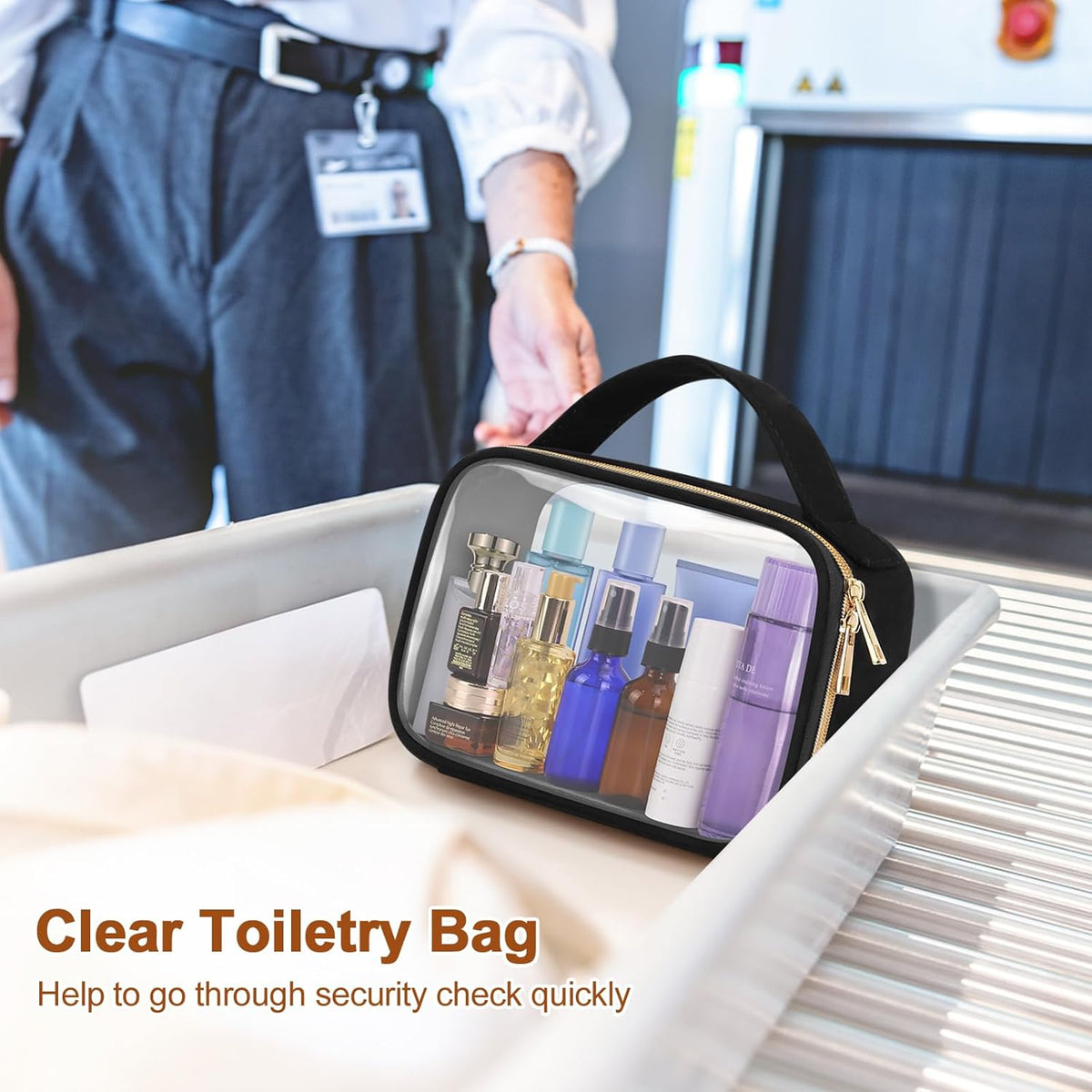 TSA Approved Toiletry Bag, Clear Makeup Bags with Handles, Quart Size Clear Toiletry Bags, PVC Cosmetic Bags for Women and Men, Carry on Airport Airline Compliant Bag, Black