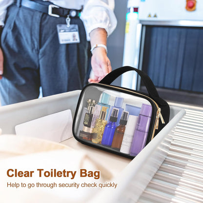TSA Approved Toiletry Bag, Clear Makeup Bags with Handles, Quart Size Clear Toiletry Bags, PVC Cosmetic Bags for Women and Men, Carry on Airport Airline Compliant Bag, Black