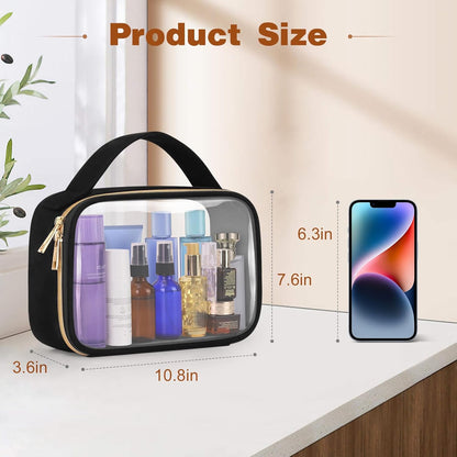 TSA Approved Toiletry Bag, Clear Makeup Bags with Handles, Quart Size Clear Toiletry Bags, PVC Cosmetic Bags for Women and Men, Carry on Airport Airline Compliant Bag, Black