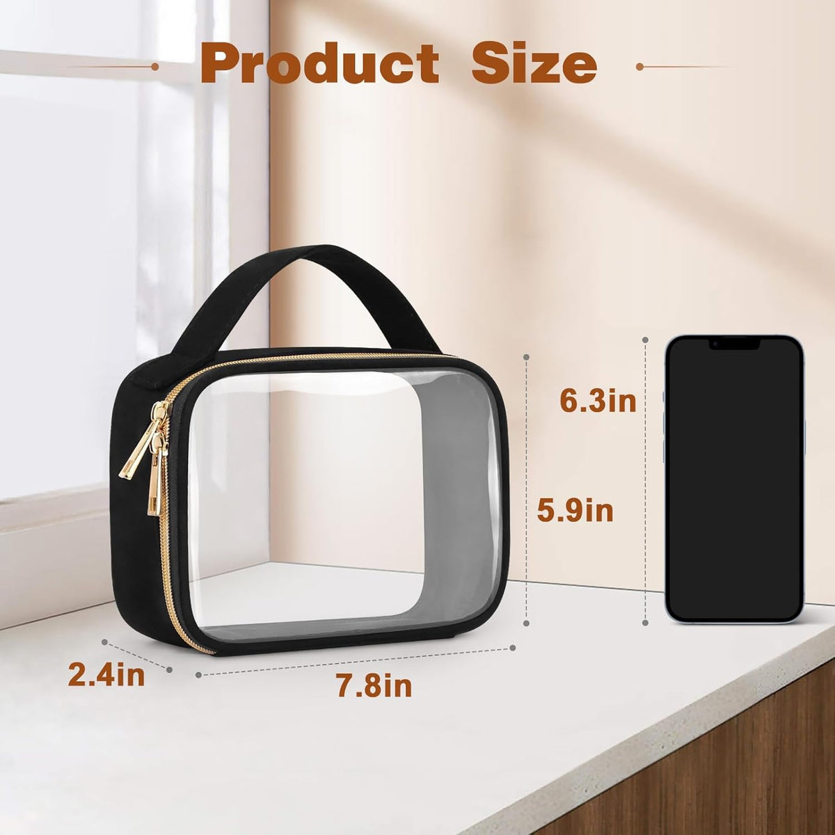 TSA Approved Toiletry Bag, Clear Makeup Bags with Handles, Quart Size Clear Toiletry Bags, PVC Cosmetic Bags for Women and Men, Carry on Airport Airline Compliant Bag, Black
