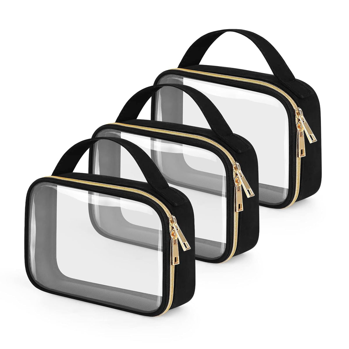 TSA Approved Toiletry Bag, Clear Makeup Bags with Handles, Quart Size Clear Toiletry Bags, PVC Cosmetic Bags for Women and Men, Carry on Airport Airline Compliant Bag, Black