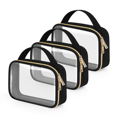 TSA Approved Toiletry Bag, Clear Makeup Bags with Handles, Quart Size Clear Toiletry Bags, PVC Cosmetic Bags for Women and Men, Carry on Airport Airline Compliant Bag, Black