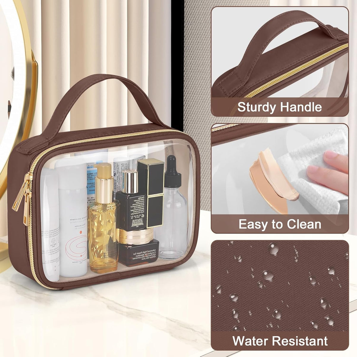 TSA Approved Toiletry Bag, Clear Makeup Bags with Handles, Quart Size Clear Toiletry Bags, PVC Cosmetic Bags for Women and Men, Carry on Airport Airline Compliant Bag, Black