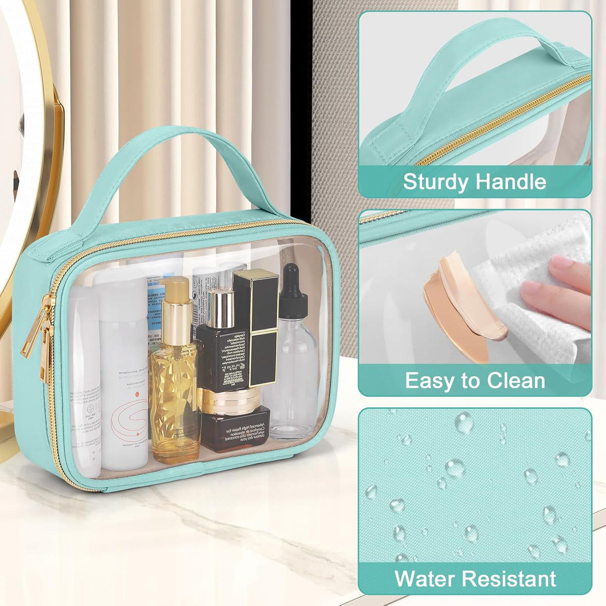 TSA Approved Toiletry Bag, Clear Makeup Bags with Handles, Quart Size Clear Toiletry Bags, PVC Cosmetic Bags for Women and Men, Carry on Airport Airline Compliant Bag, Black