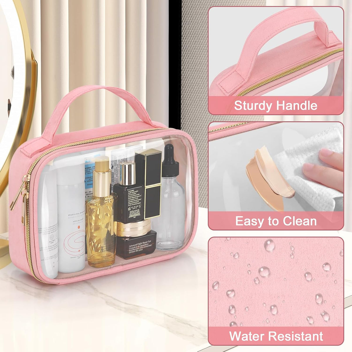 TSA Approved Toiletry Bag, Clear Makeup Bags with Handles, Quart Size Clear Toiletry Bags, PVC Cosmetic Bags for Women and Men, Carry on Airport Airline Compliant Bag, Black