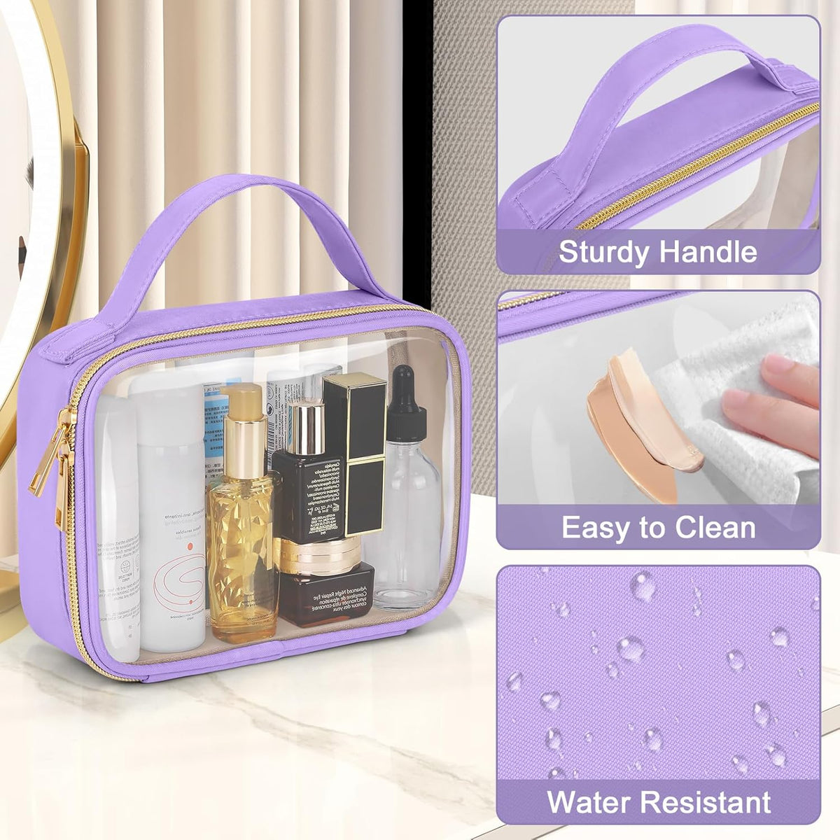 TSA Approved Toiletry Bag, Clear Makeup Bags with Handles, Quart Size Clear Toiletry Bags, PVC Cosmetic Bags for Women and Men, Carry on Airport Airline Compliant Bag, Black