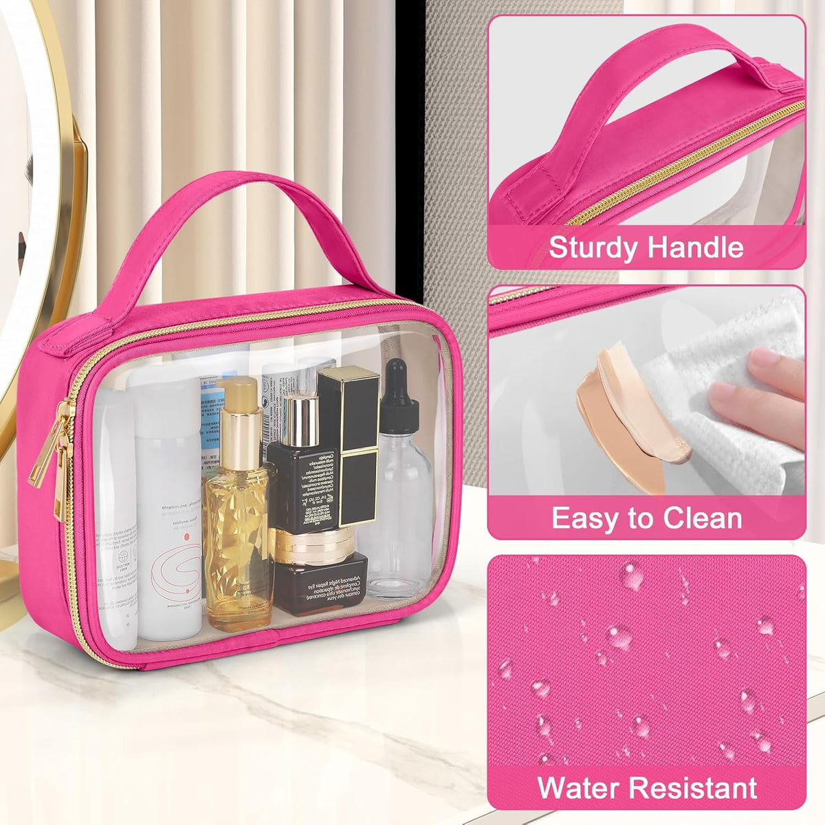 TSA Approved Toiletry Bag, Clear Makeup Bags with Handles, Quart Size Clear Toiletry Bags, PVC Cosmetic Bags for Women and Men, Carry on Airport Airline Compliant Bag, Black