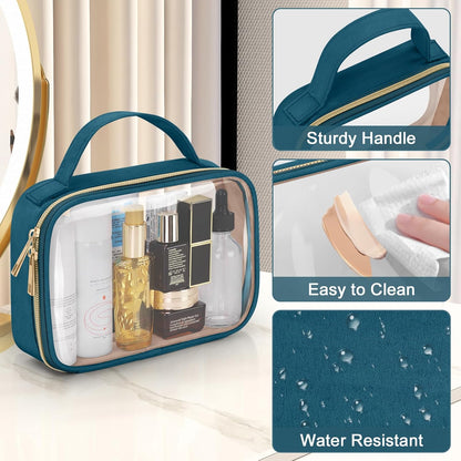 TSA Approved Toiletry Bag, Clear Makeup Bags with Handles, Quart Size Clear Toiletry Bags, PVC Cosmetic Bags for Women and Men, Carry on Airport Airline Compliant Bag, Black