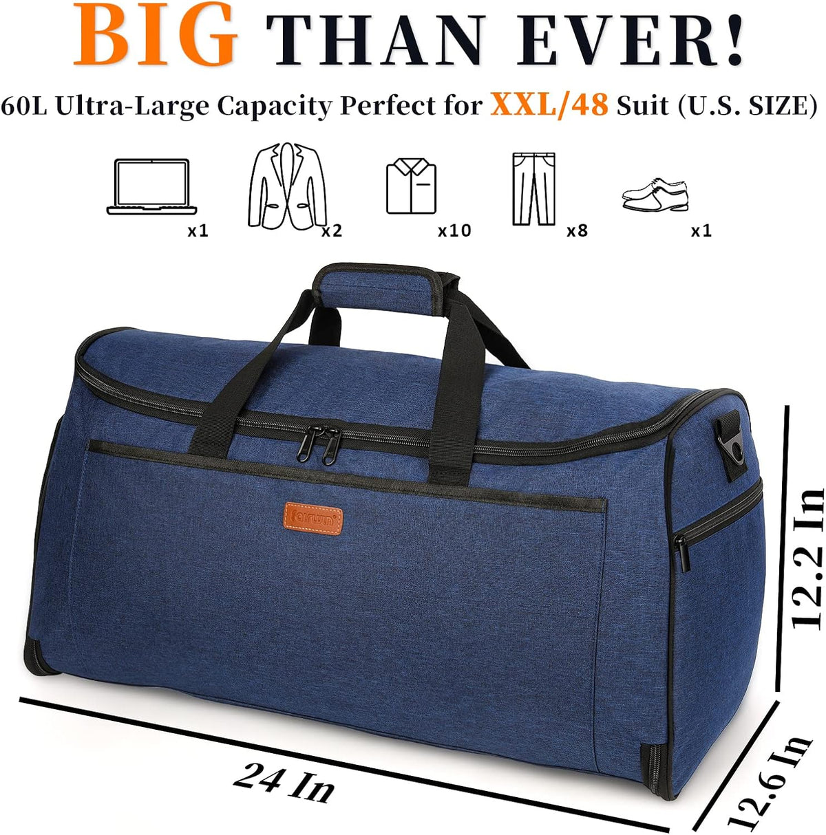 Garment Bags for Travel 60L Waterproof 2-in-1 Hanging Duffle Bag for Men Women with SBS Zipper & Shoes Compartment